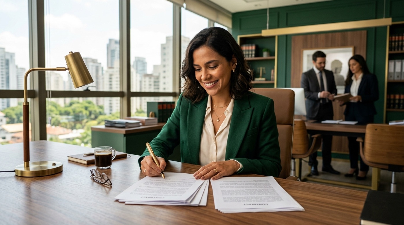 Dois profissionais revisando um contrato juntos sobre a mesa