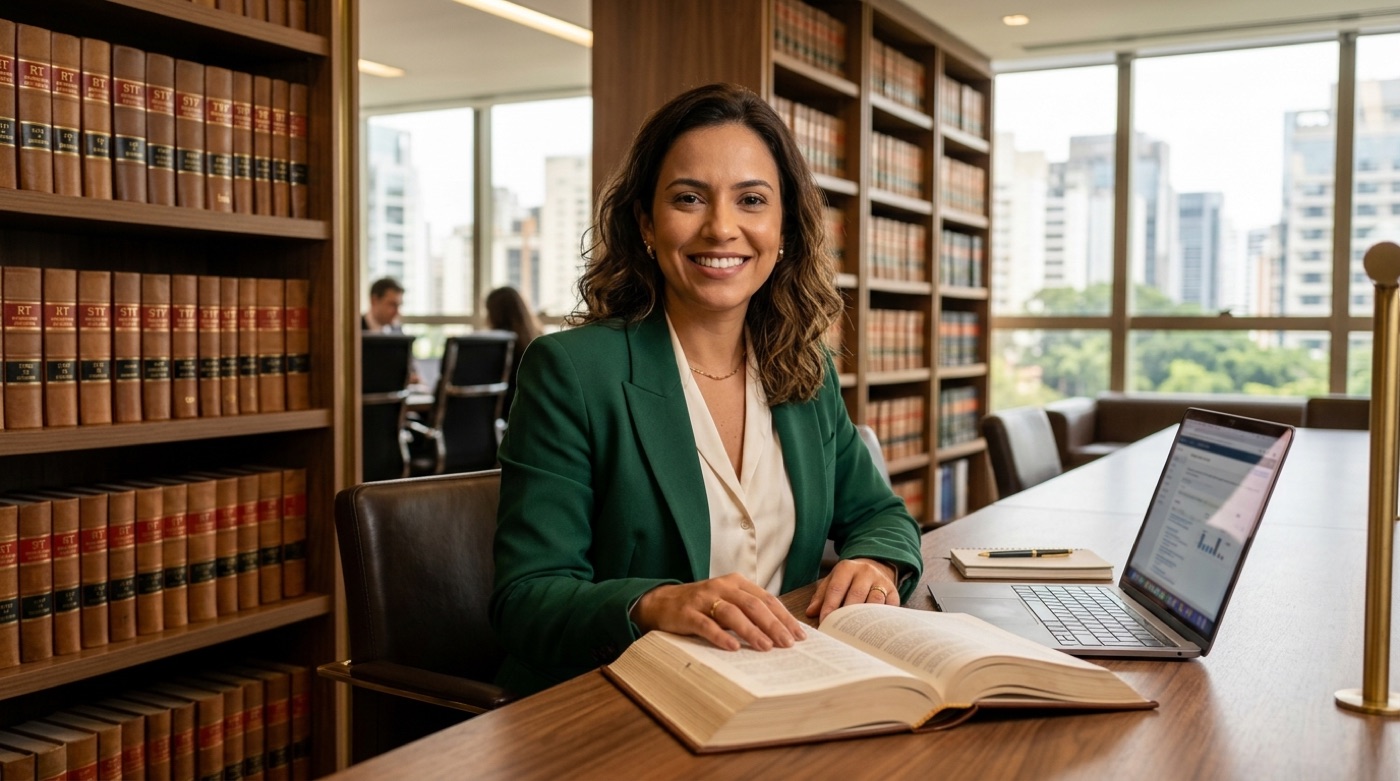 Advogada consultando jurisprudência com um cliente em um escritório de advocacia