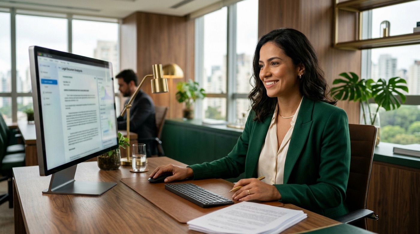 Advogada brasileira usando assistente de IA jurídica em um escritório moderno